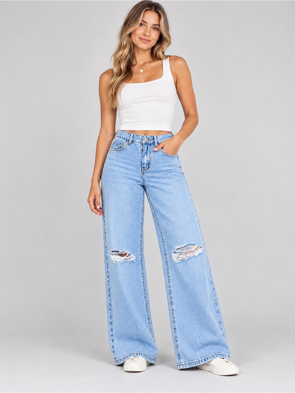 Edikted Light Wash Distressed Wide Leg Jeans Y2K Streetwear Size XS